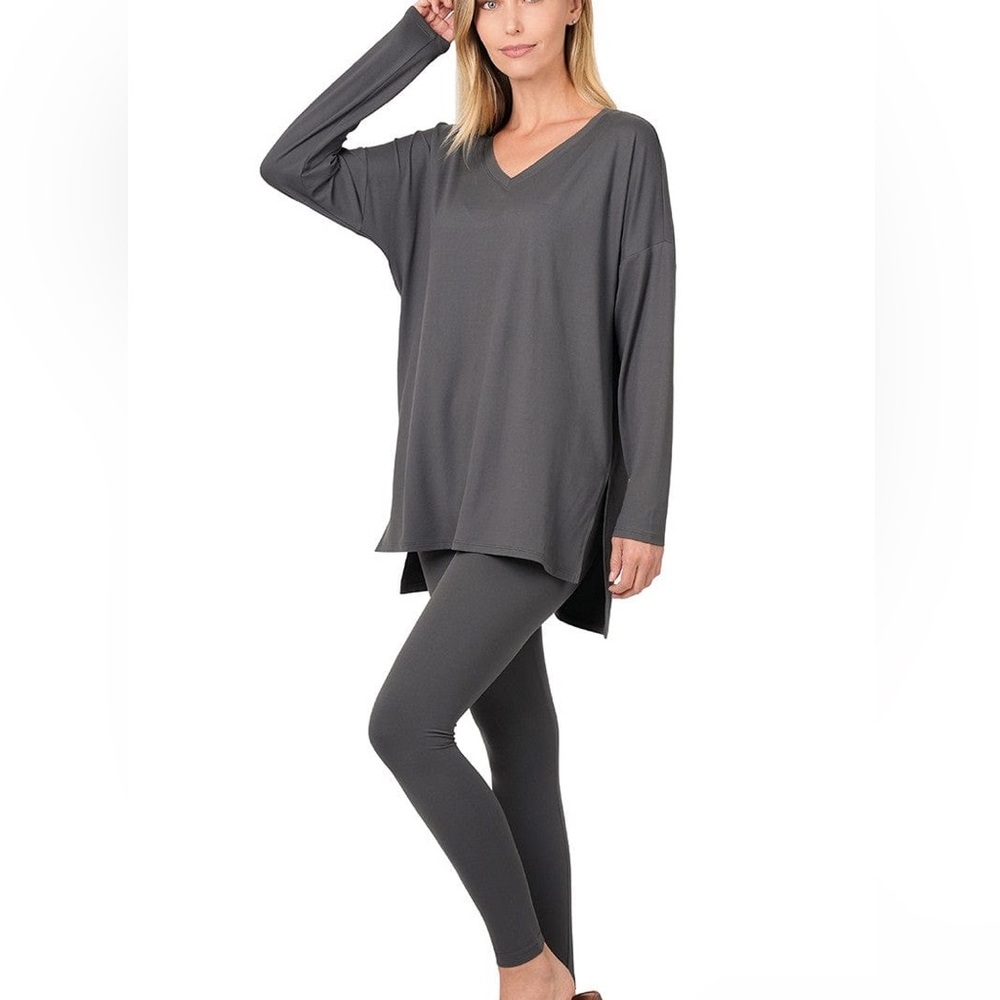 Zenana Brushed Soft Microfiber Long Sleeve Loungewear Set (Ash Grey)